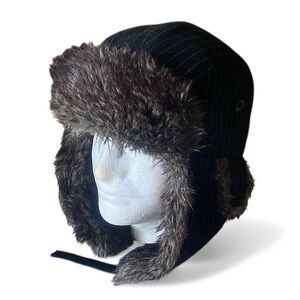 Trappers Hat Wool Pinstripe Fur Trappers Hat Size 2XL-3XL Black